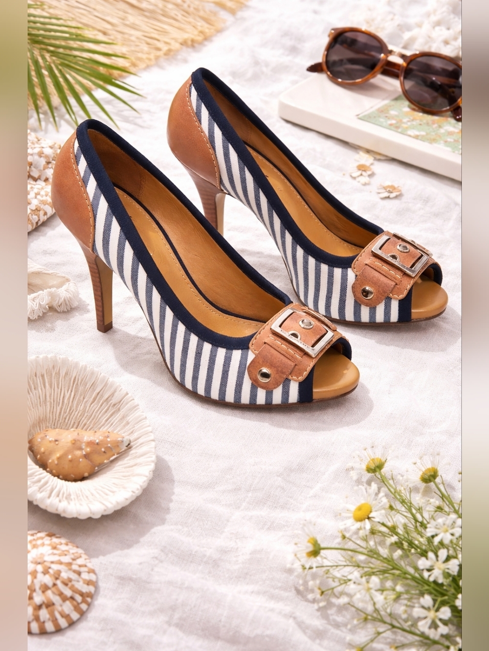 Gianni Bini Blue & White Striped Heels Leather Trim Peep Toe Pumps Size 6